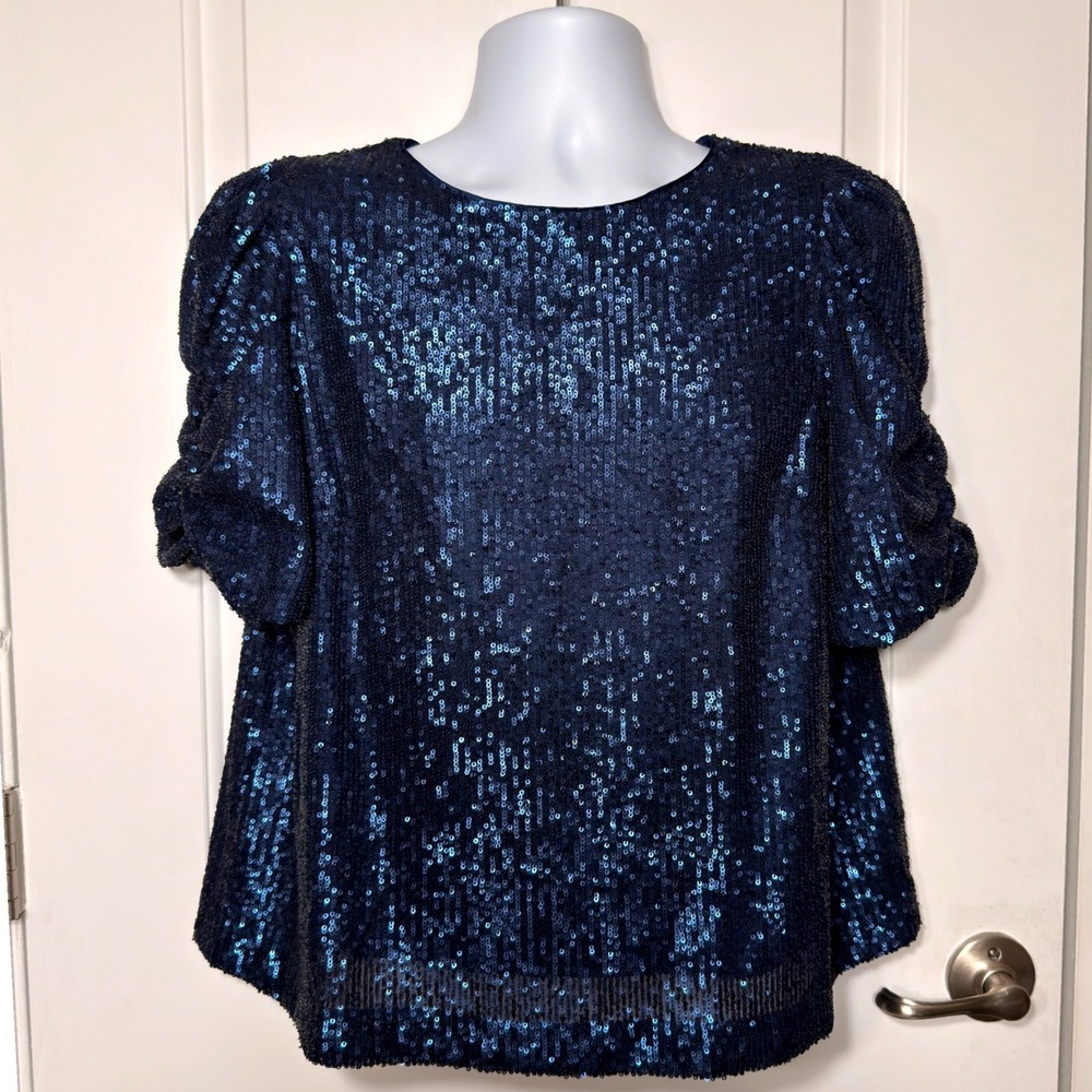 Anthropologie Navy Blue Sequin Puff Sleeve Blouse Party Holiday Top Size 12 NEW